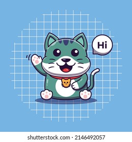 Cute cat waving and saying hi vector illustration. Flat cartoon style.