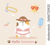 Cute cat wear bikini and hat concept hello summer traveling illustration decorate by happy sun, snorkeling mask, popsicle ice cream and cocktail beach vacation cartoon style. Flat design for children