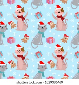 Cute cat wear Christmas hat with gift seamless pattern.