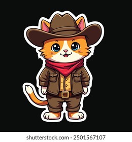 Cute Cat wear Cowboy Uniform Vector Printable for T-shirt, Children Kids funny Cartoon Illustration