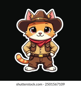 Cute Cat wear Cowboy Uniform Vector Printable for T-shirt, Children Kids funny Cartoon Illustration