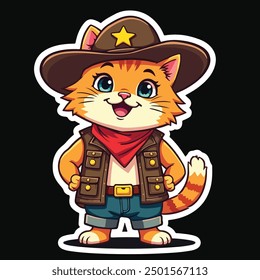 Cute Cat wear Cowboy Uniform Vector Printable for T-shirt, Children Kids funny Cartoon Illustration