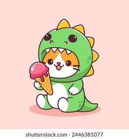 Cute cat wear dino costume and eat ice cream kawaii animal illustration