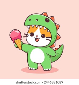 Cute cat wear dino costume and eat ice cream kawaii animal illustration