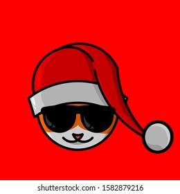the cute cat wear glasses cartoon christmas with santa claus cap logo design on red background