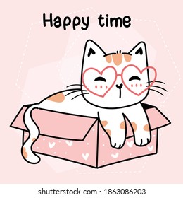 cute cat wear heart glasses sit in heart pink empty box cartoon doodle drawing vector