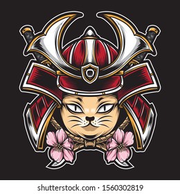 Cute Cat Wear Samurai Helmet Vector