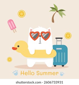 Cute cat wear sunglasses and swim rubber ring concept summer traveling illustration decorate by luggage palm trees popsicle ice cream and lemon beach vacation cartoon style. Flat design for children.