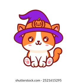 Cute Cat Wear Witch Hat Halloween Illustration