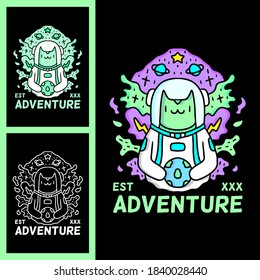 Cute cat wearing astronaut helmet and holding planet earth doodle illustration for poster, sticker, or apparel merchandise.With vaporwave/synthwave style, aesthetics of 80s.