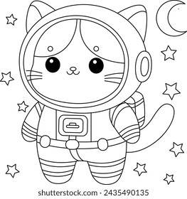 Die süße Katze trägt eine Astronautenanzug-Malseite.