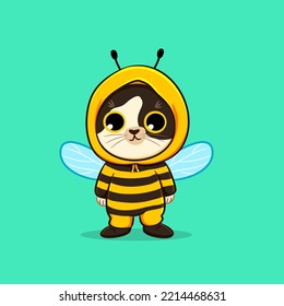 Cute cat wearing bee costume cartoon vector icon illustration, cat sticker character