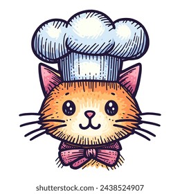 lindo gato que lleva un sombrero cocinero del chef, ilustración vectorial, mascota del logotipo para una panadería, cafetería, restaurante