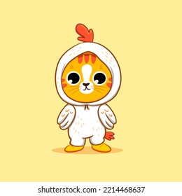 Cute cat wearing chicken costume cartoon vector icon illustration, cat sticker character