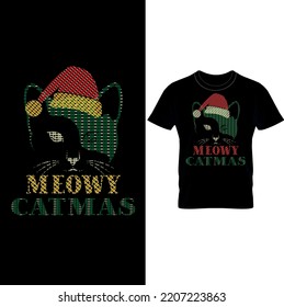 A cute cat wearing a Christmas cap is celebrating Christmas-Meowy Catmas-Ugly Christmas Sweater Shirt, Christmas Cats Shirt, Funny Cat Xmas Shirt, Cat Lover Gifts, Merry Christmas Shirt, Paws Shirts.