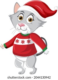 Cute cat wearing Christmas hat cartoon character illustration
