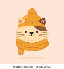 cute cat wearing christmas hat and scarf, cute christmas icon in animal shape, suitable for poster and web icon