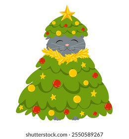 Cute cat wearing Christmas tree costume. Merry Christmas and Happy New Year. Vector flat cartoon illustration for stickers and prints on white background