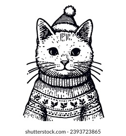 cute cat wearing a cozy sweater and Christmas hat sketch