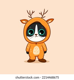 Cute cat wearing deer costume cartoon vector icon illustration, cat sticker character