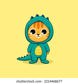 Un gato lindo con disfraz de dinosaurio caricatura ilustración de un icono vectorial, personaje de pegatina de gato