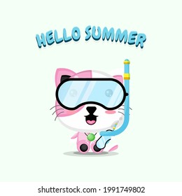 Cute cat wearing diving gear with summer greetings