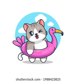Cute cat wearing flamingo swim ring cartoon