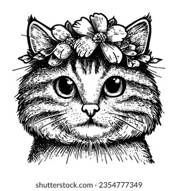 cute cat wearing a flower crown portrait illustration