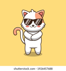 Cute cat wearing glasses cartoon illustration  Flat cartoon style suitable for web landing page  banner  flyer  sticker  card  children books   etc 