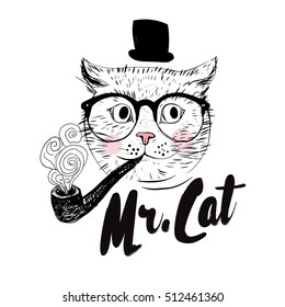 Cute cat wearing glasses print with inscription black and pink color