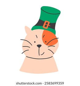 Cute cat wearing a green traditional hat. Happy St. Patrick's Day vector hand drawn illustration