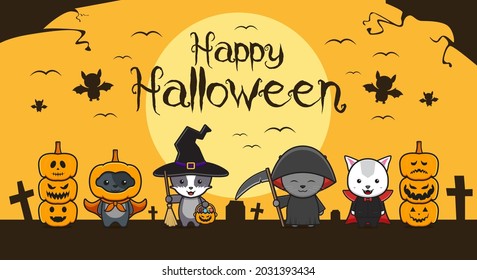 Cute cat wearing halloween cosplay background cartoon icon illustration. Design isolated flat cartoon style