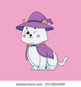  cute cat wearing halloween witch costume vector illustration cartoon animal flat isolation