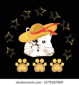 Cute cat wearing a hat surrounded by golden stars and paw prints. Perfect for animal lovers, pet enthusiasts, and feline-themed designs on t-shirts, gifts, and merchandise