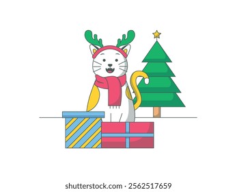 Cute cat wearing a headband and scarf is celebrating Christmas and lots of gifts, with decorations. Character design. Vector flat illustration