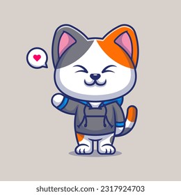 Cute Cat Wearing Hoodie Jacket Cartoon Vector Icon Illustration. Animal Fashion Icon Concept Isolated Premium Vector. Flat Cartoon Style