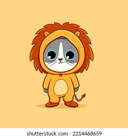 Cute cat wearing lion costume cartoon vector icon illustration, cat sticker character