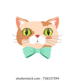 Cute cat wearing lturquoise bow tie, funny cartoon animal character vector illustration