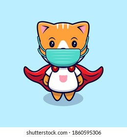 Cute Cat Wearing Mask Cartoon Vector Icon Illustration. Flat Cartoon Style