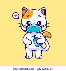 Cute Cat Wearing Medical Mask With Hand Sanitizer Cartoon Vector Icon Illustration. Animal Healthy Icon Concept Isolated Premium Vector. Flat Cartoon Style