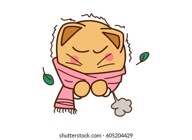 Cute Cat wearing  a muffler and feeling cold. vector illustration. Isolated don white background.