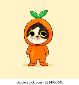 Cute cat wearing orange fruit costume cartoon vector icon illustration, cat sticker character