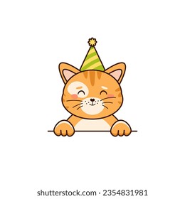 Cute cat is wearing a party hat. Vector flat illustration in cartoon style at birthday or other celebrations
