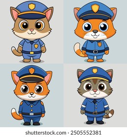 Gato lindo que lleva el diseño premium de la Ilustración vectorial del Paquete de la historieta del uniforme de policía