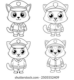 Cute cat wearing police uniform cartoon bundle isolated premium design illustration coloring page for kids