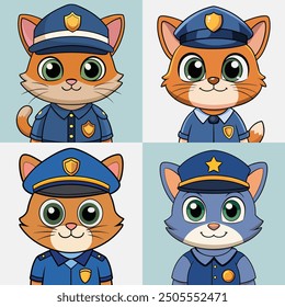 Gato lindo que lleva la ilustración del Paquete de la historieta del uniforme de policía, historieta animal para los niños