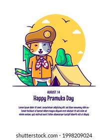 Cute Cat Wearing Pramuka Costume Cartoon Vector Illustrations. Pramuka Day Icon Concept Isolated Premium Vector