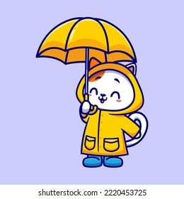 Cute Cat Wearing Raincoat And Holding Umbrella Cartoon Vector Icon Illustration. Animal Nature Icon Concept Isolated Premium Vector. Flat Cartoon Style