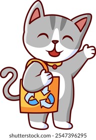 gatinho bonito usando tote saco reciclado Ícone de ilustração vetor. Estilo de Desenho Animado Plano