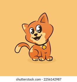 Cute cat wearing a red collar with gold tag. Illustration of a cute little cat. Adorable pet vector.